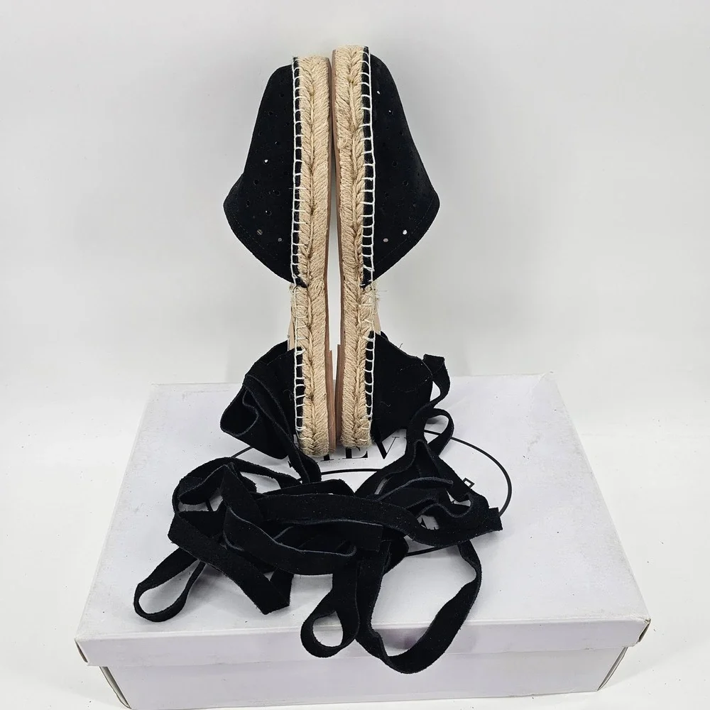 NIB Steve Madden Pliee Black Suede Ankle Wrap Espadrille Flats Womens 7.5B